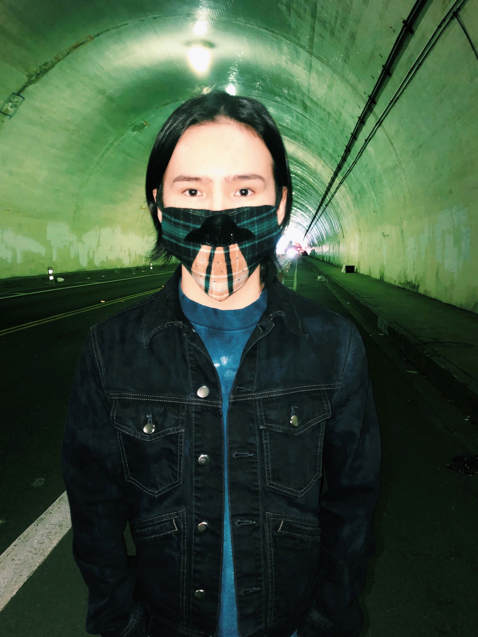 Black Leather UFO Plaid Face Mask